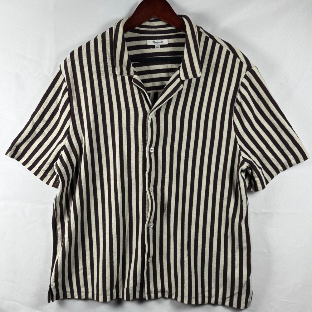 Madewell Mens XL Striped Short Sleeve Camp Collar Shirt Brown Cream NV087